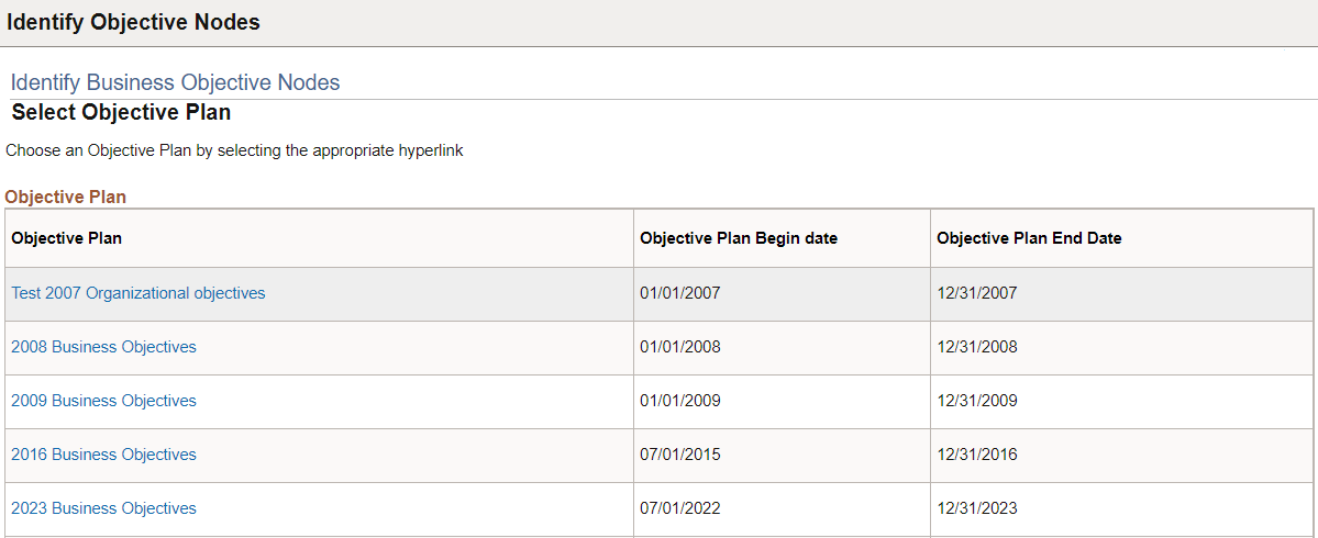 Identify Business Objective Nodes - Select Objective Plan page