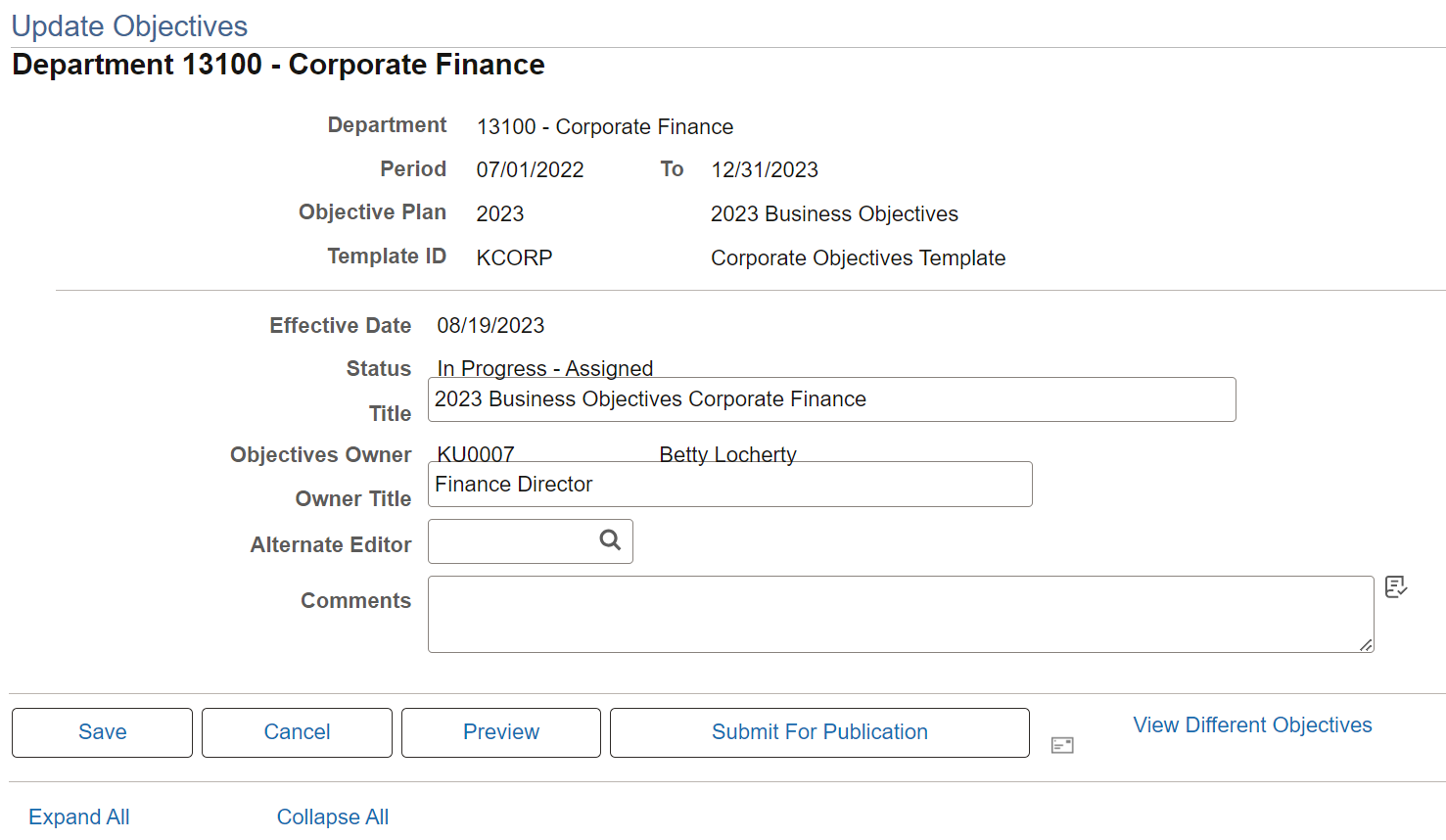 <>Update Objectives - <Department or Position> page (1 of 3)