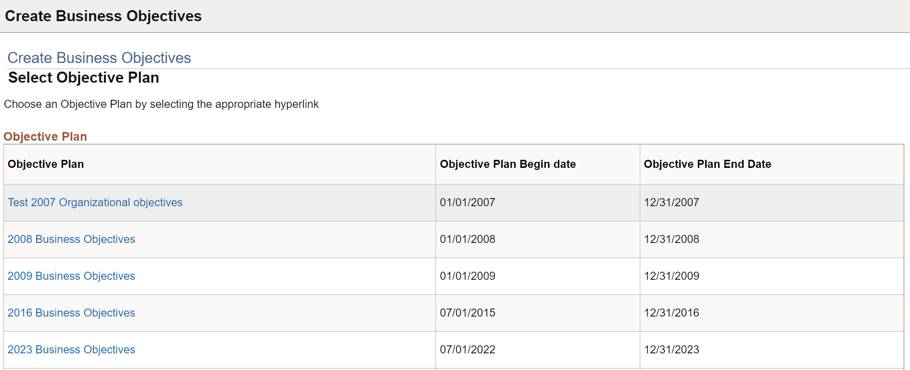 Create Business Objectives - Select Objective Plan page