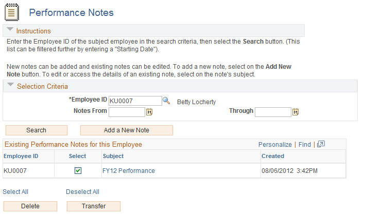 Performance Notes page