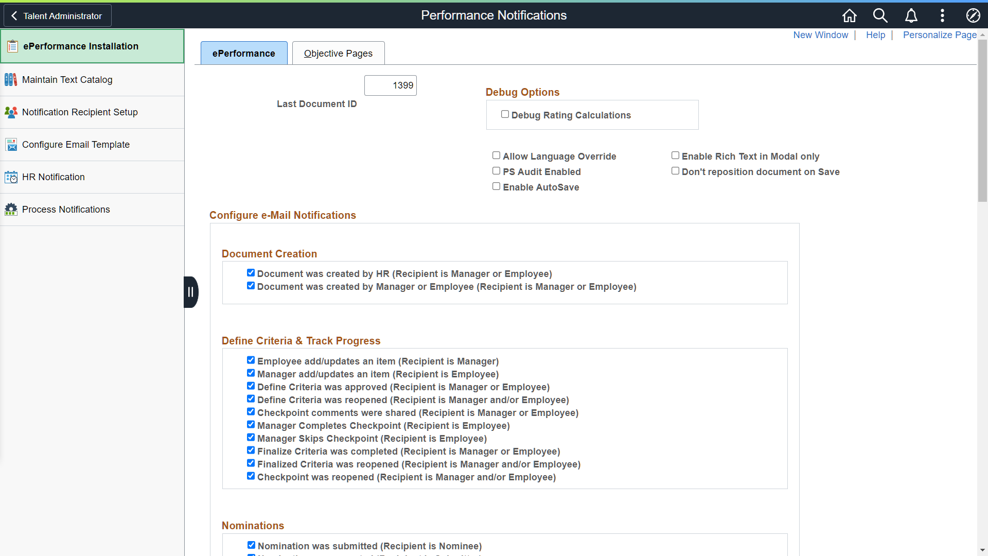 Performance Notifications application start page