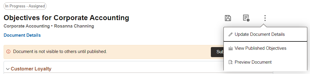 More Actions menu at the document level (business objective document header)