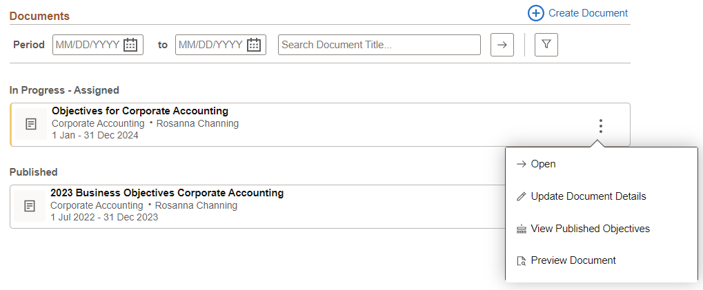 More Actions menu at the document level (business objective document card)