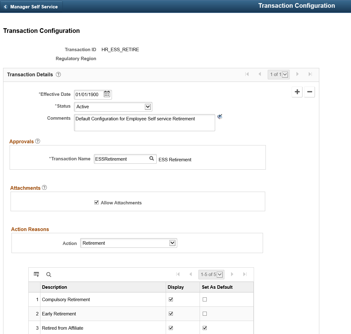 Transaction Configuration page for Retirement