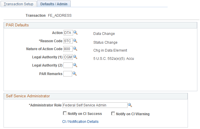 Defaults / Admin page