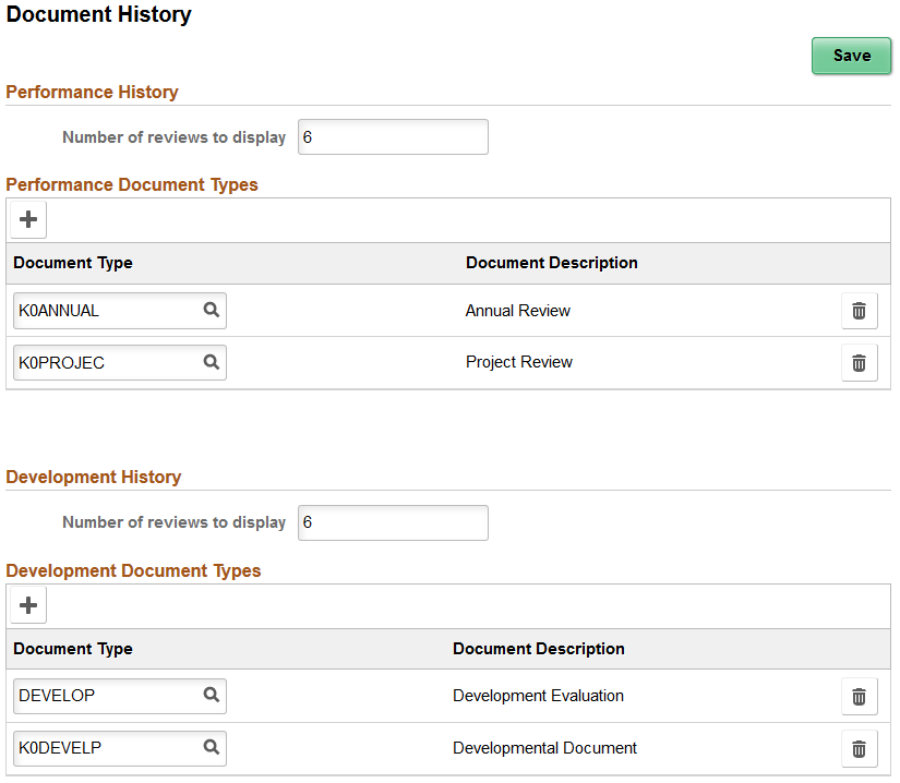 Configure Employee Snapshot - Document History page
