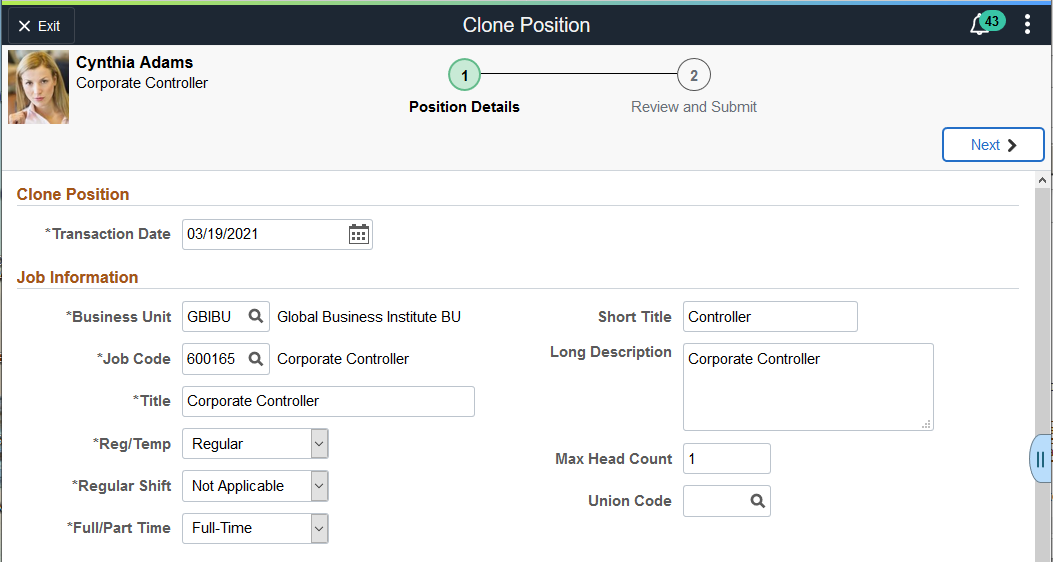 Clone Position page (1 of 2)