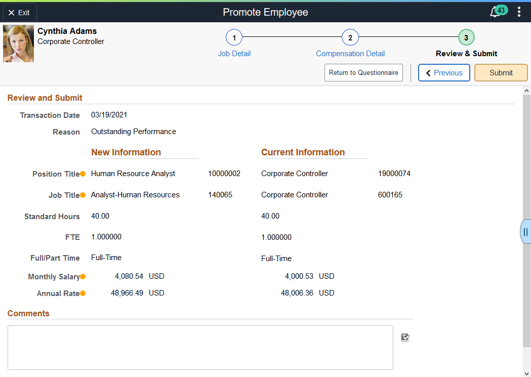 Review and Submit page for an employee transaction (PeopleTools 8.55 and higher)