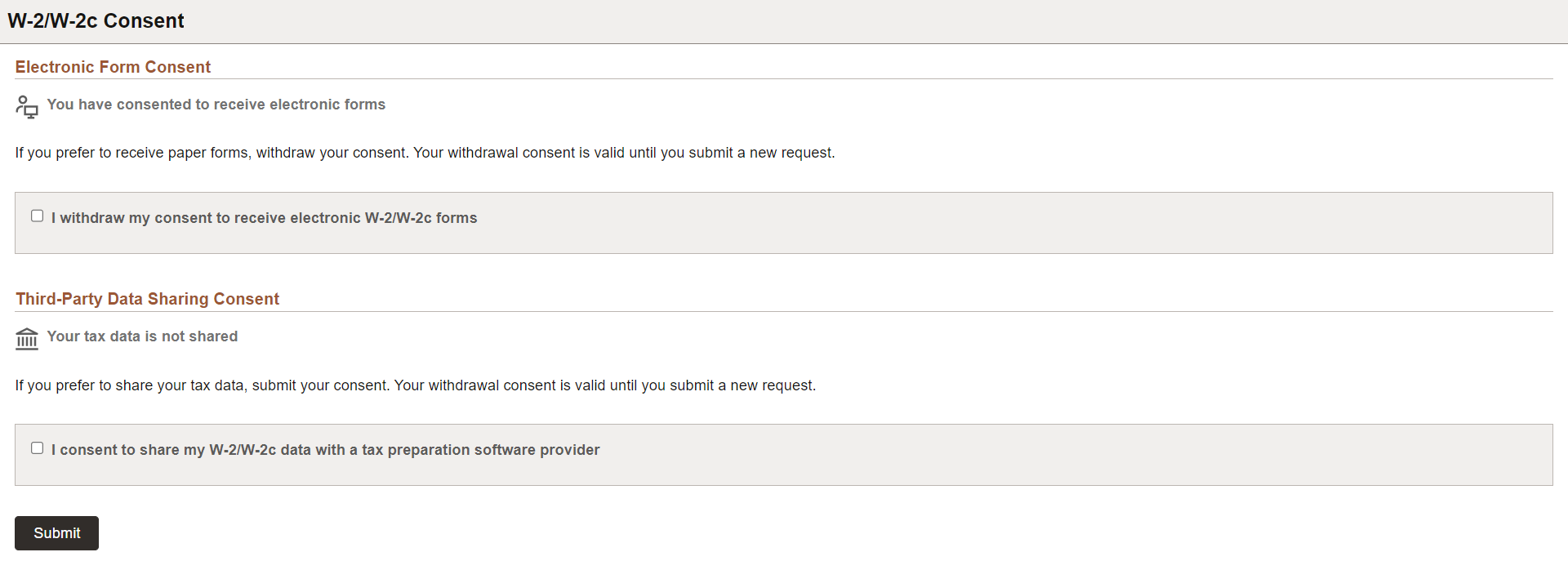 W-2/W-2c Consent page (currently receiving electronic form)