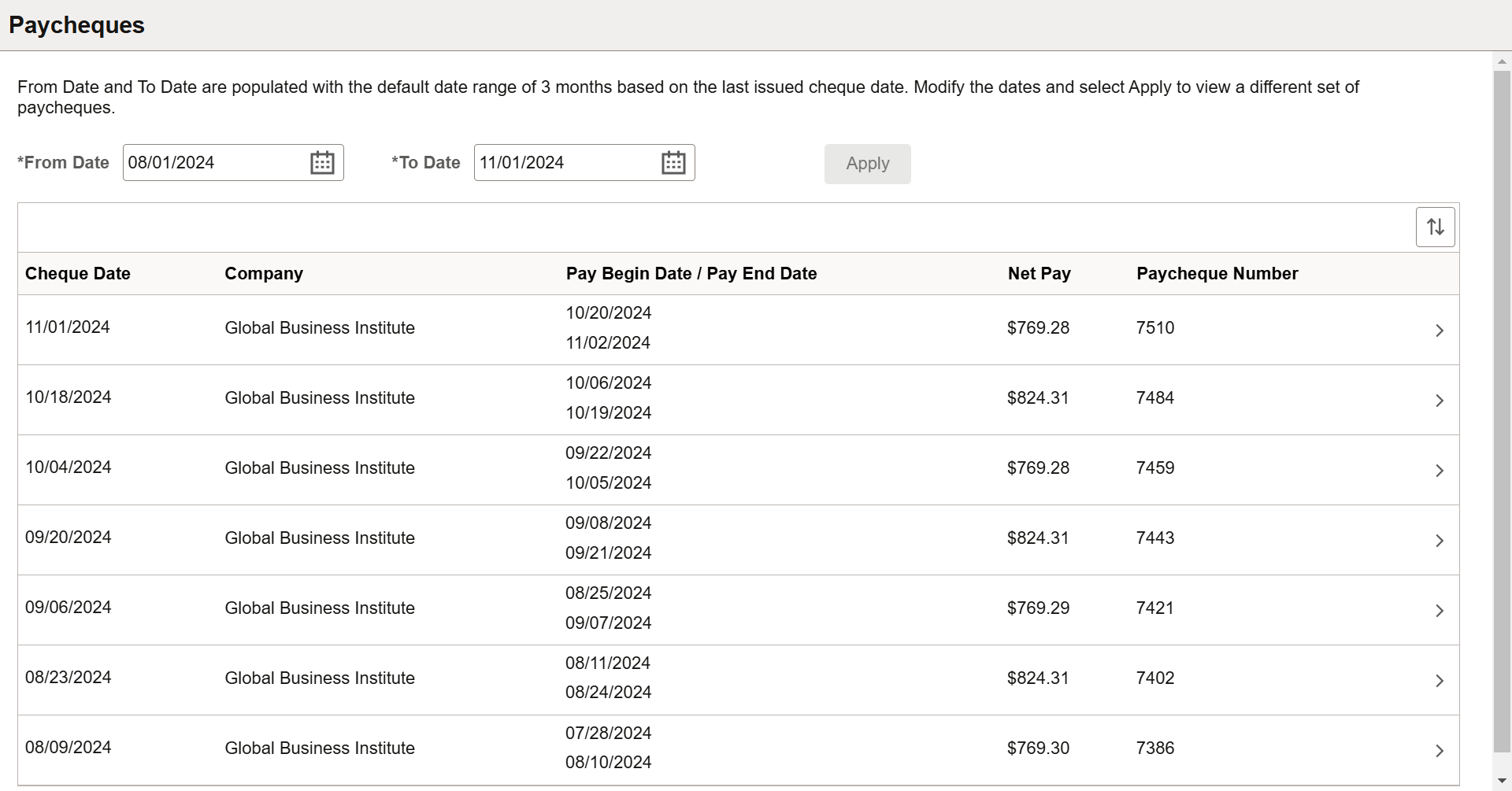 (Laptop) Paycheques page