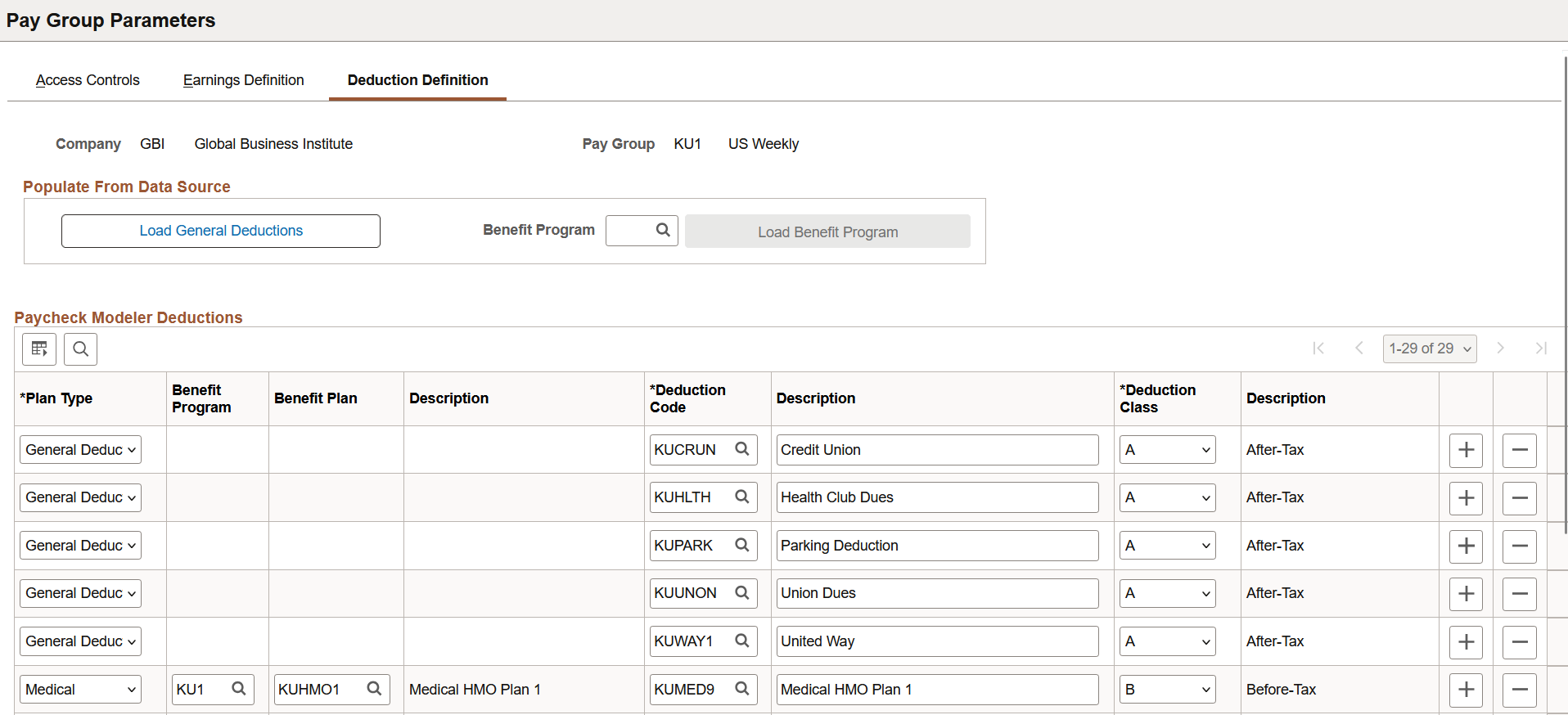 Pay Group Parameters - Deduction Definition page