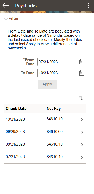 (Smartphone) Paychecks page