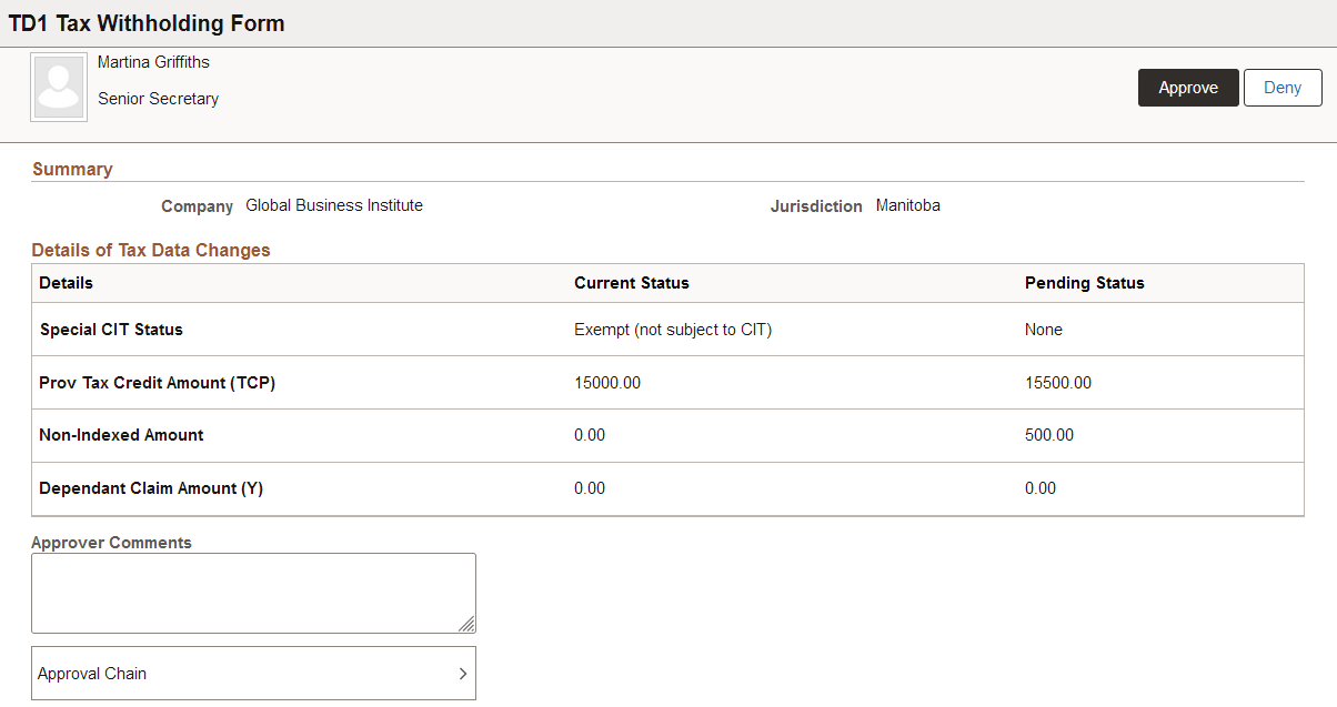 Pending Approvals - TD1 Tax Withholding Form page