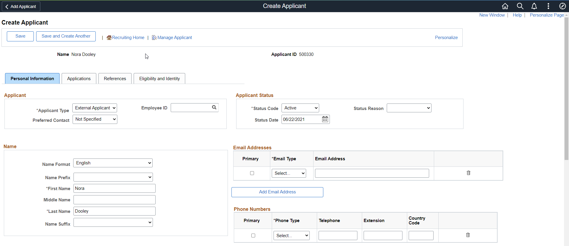 Create Applicant page after saving