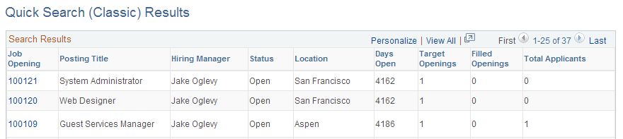 Quick Search (Classic) Results page