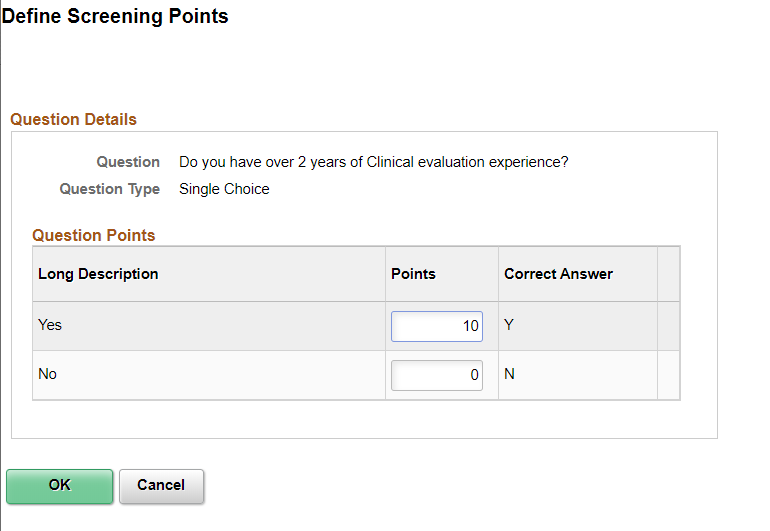 Define Screening Points page (multiple choice question)