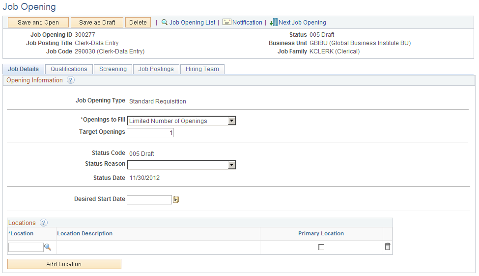 Example of the flexible job creation process limiting the fields that a hiring manager sees