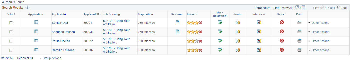 Search Applications page: search results
