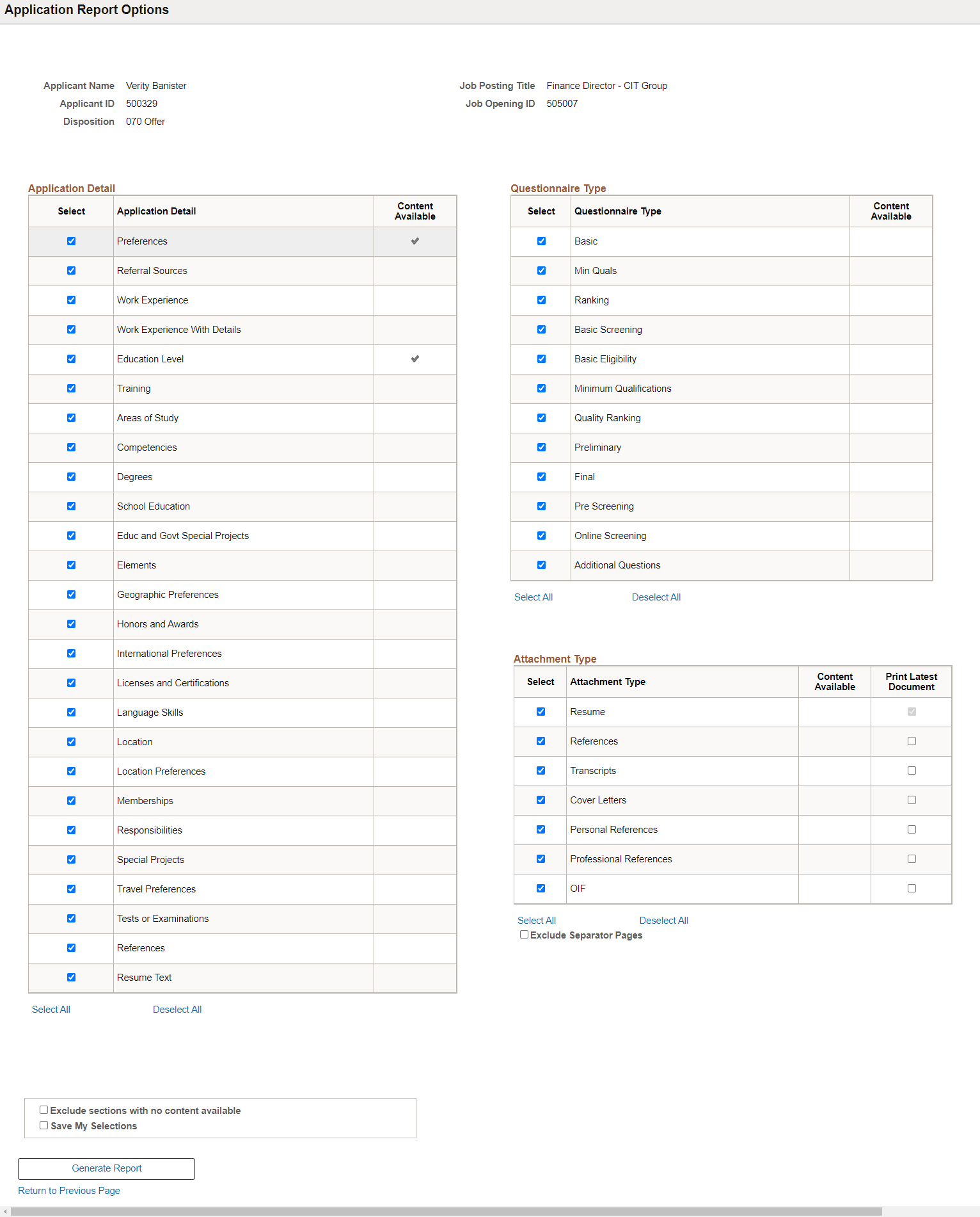Application Report Options