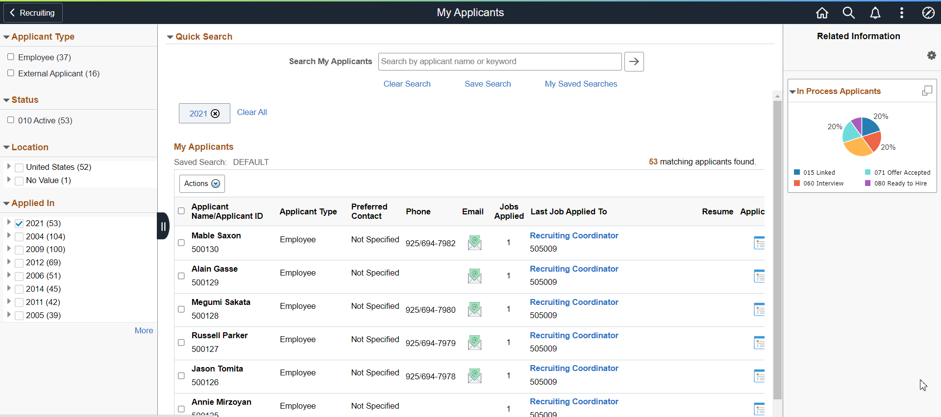 My Applicants page