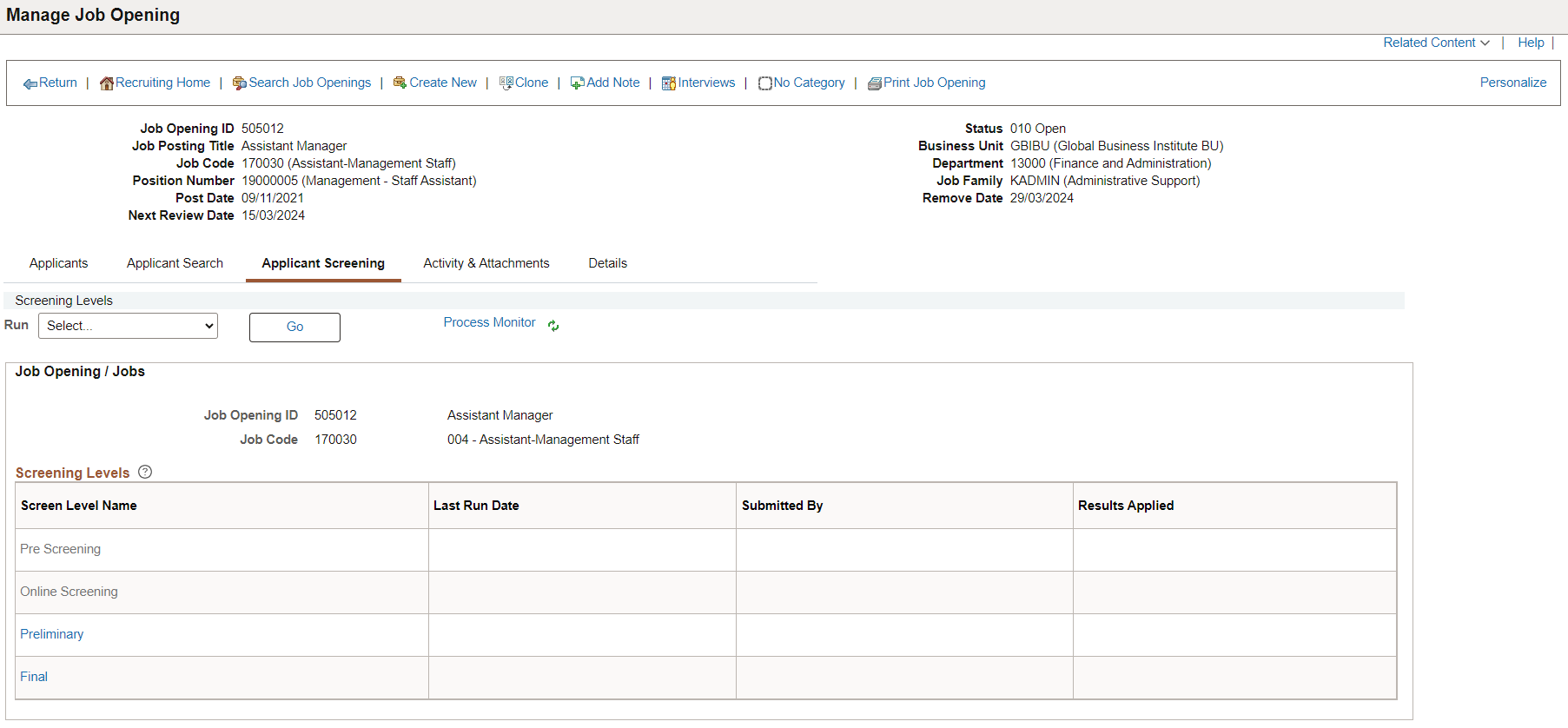 Manage Job Opening_Applicant Screening Tab