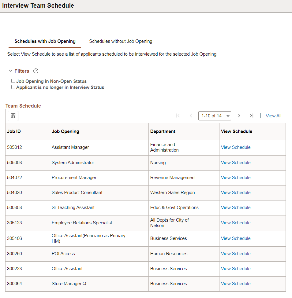 Interview Team Schedule Page with job openings
