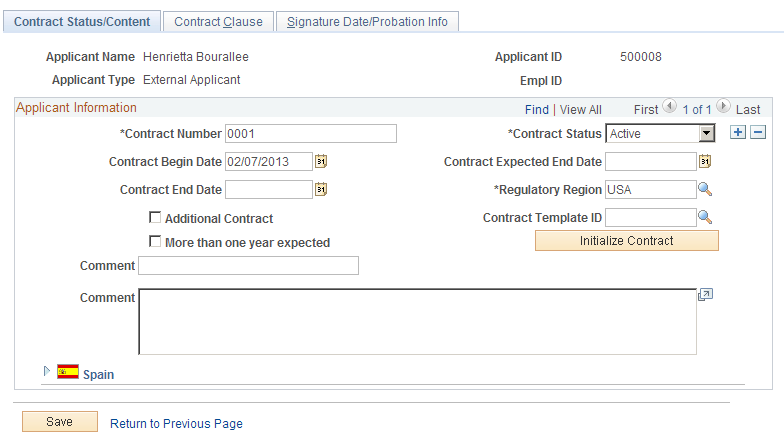 Contract Status/Content page