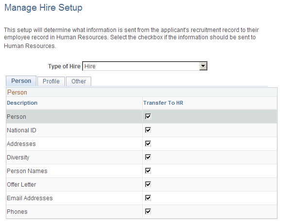 Manage Hire Setup page