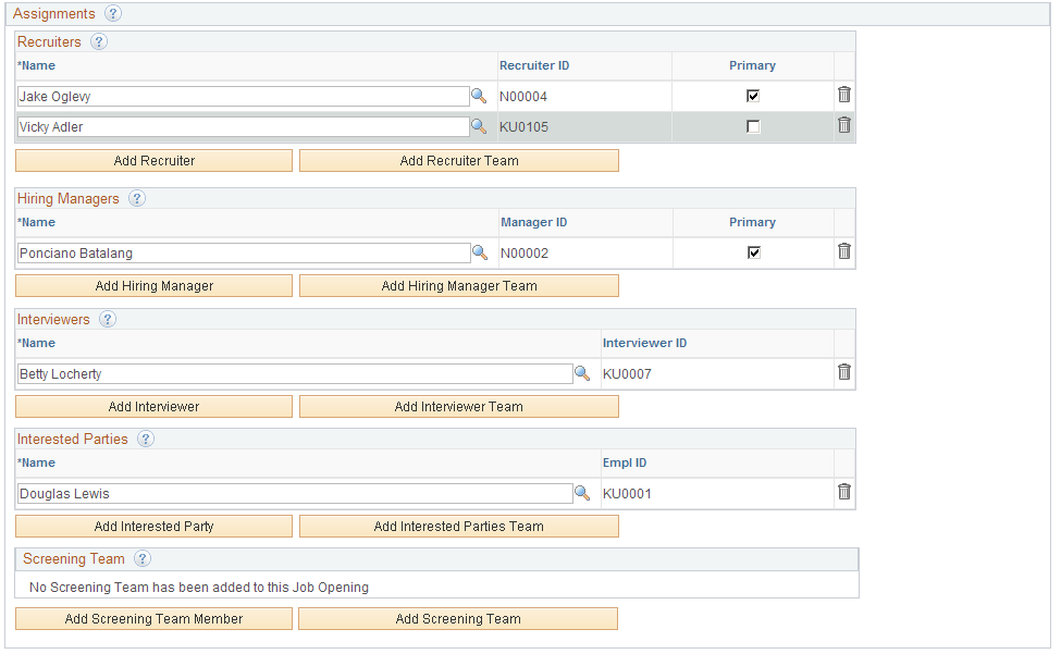 Job Opening page: Assignment sections