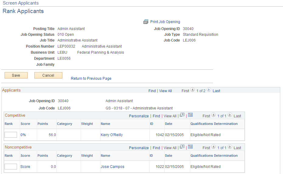 Rank Applicants page (1 of 2)