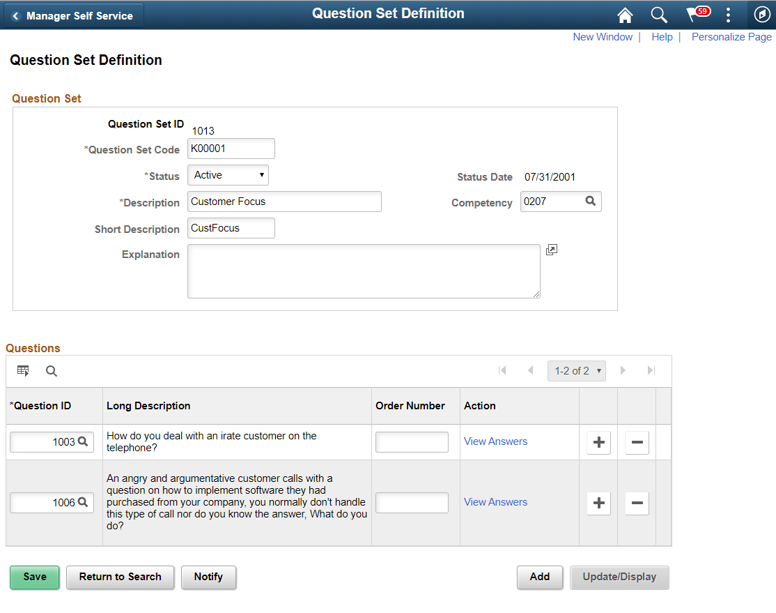 Question Set Definition page