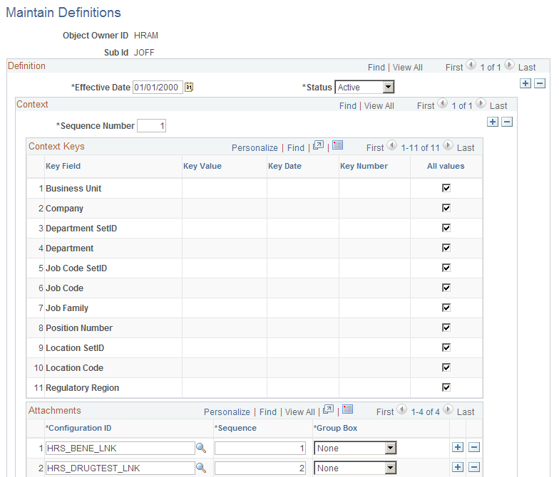 Maintain Definitions page showing the context keys for job offers attachments