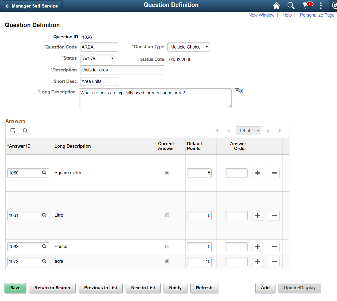 Question Definition page for Multiple Choice question.