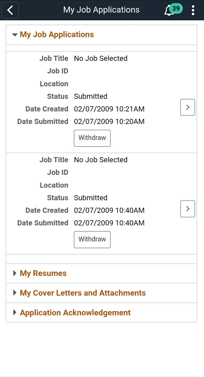 My Job Applications page - Smartphone view