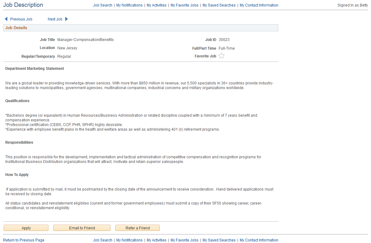 Job Description page