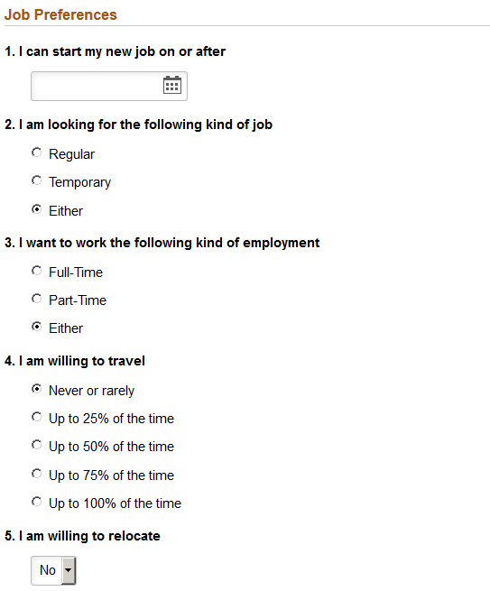 Job Preferences section (fluid) (1 of 3)