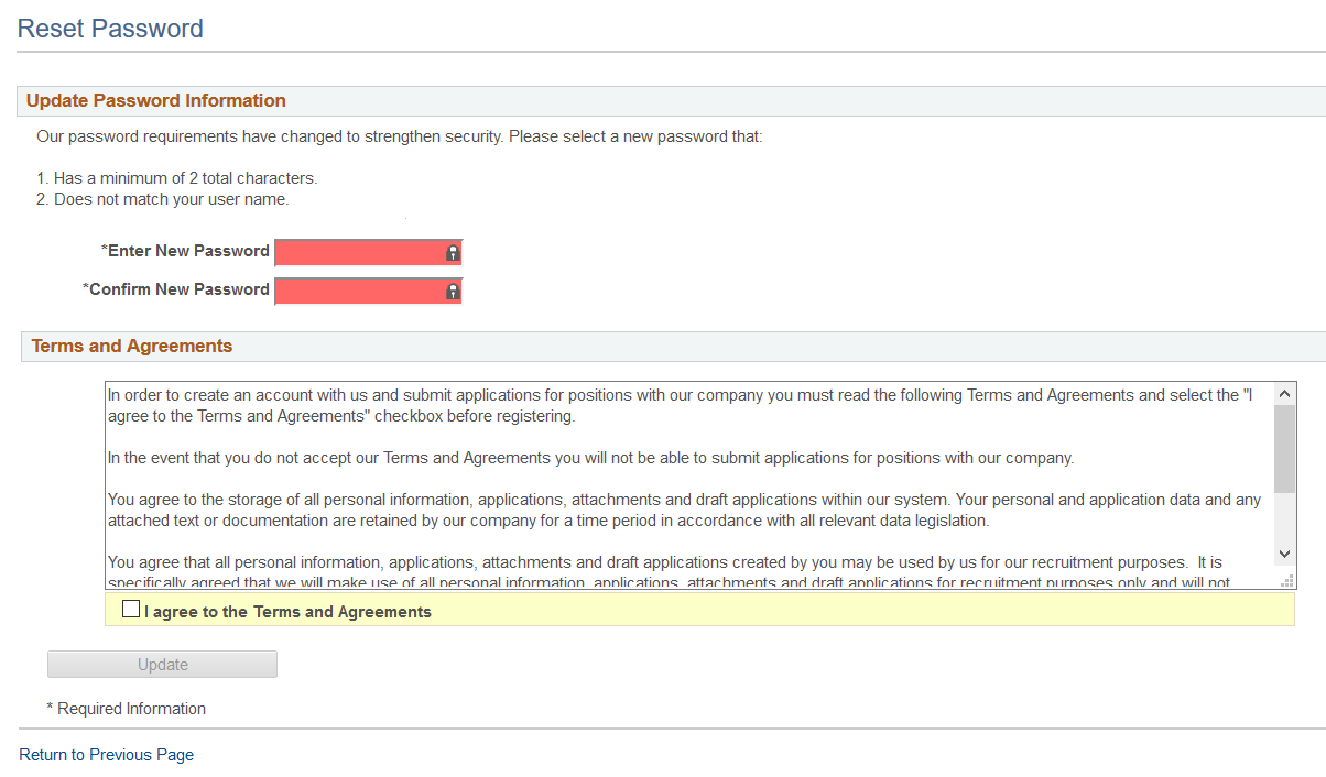 Reset Password page