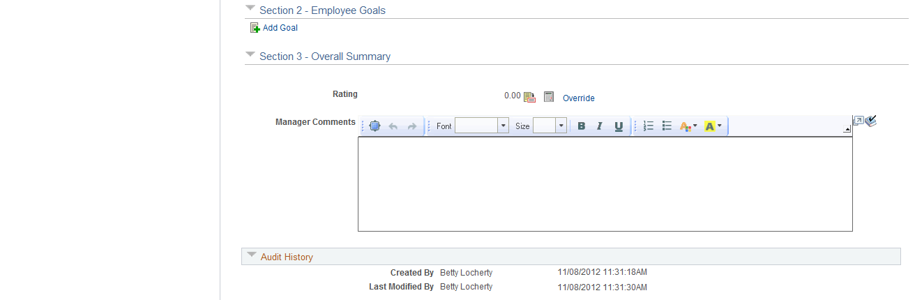 Manager Evaluation page (2 of 2) (manage employee reviews business process)