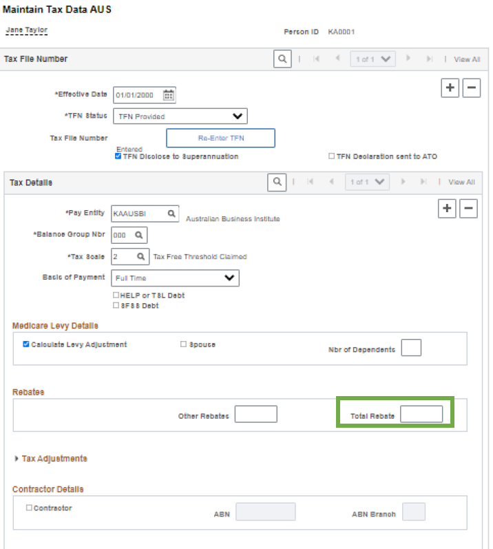 Maintain Tax Data AUS Page