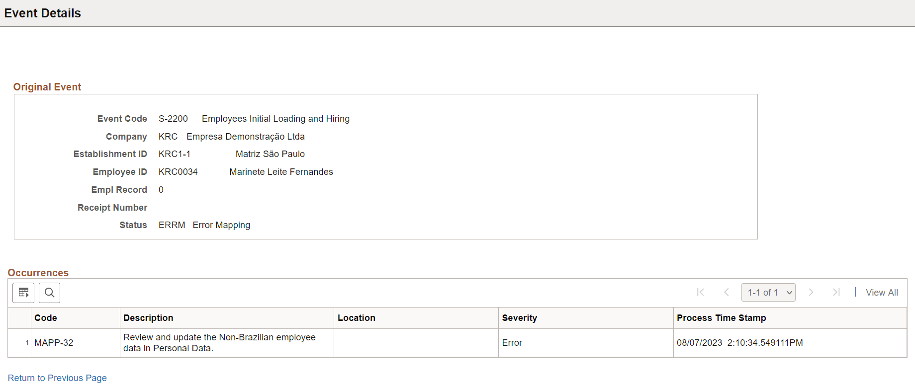 Event Details page showing error details