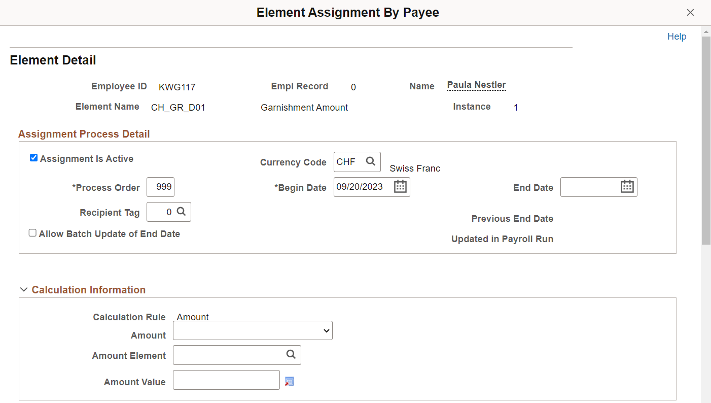 Element Assignment by Payee page