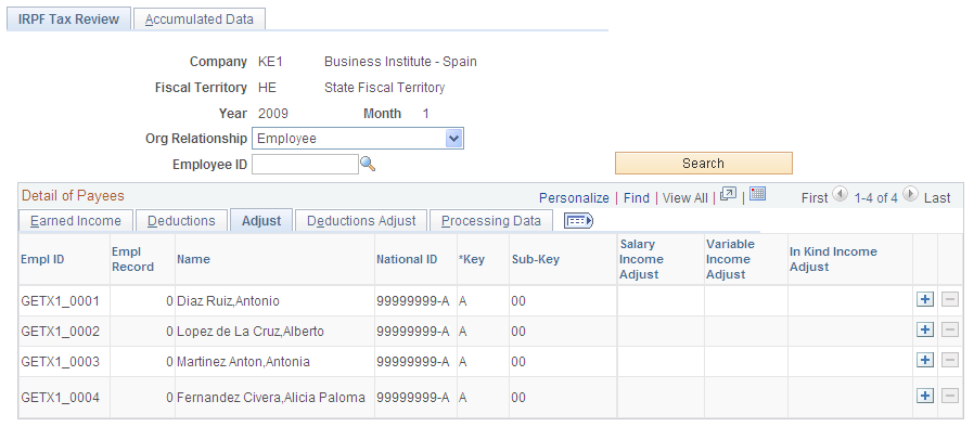 IRPF Tax Review page: Adjust tab