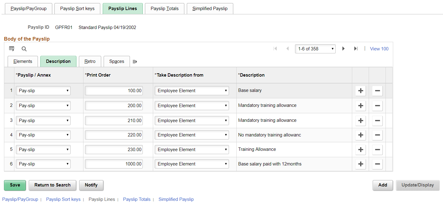 Payslip Lines Page Description tab