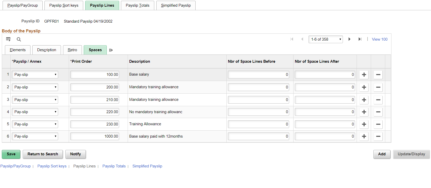 Payslip Lines Page Spaces tab