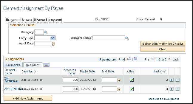 Element Assignment By Payee page