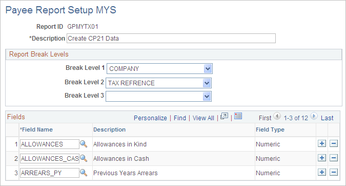 Payee Report Setup MYS page
