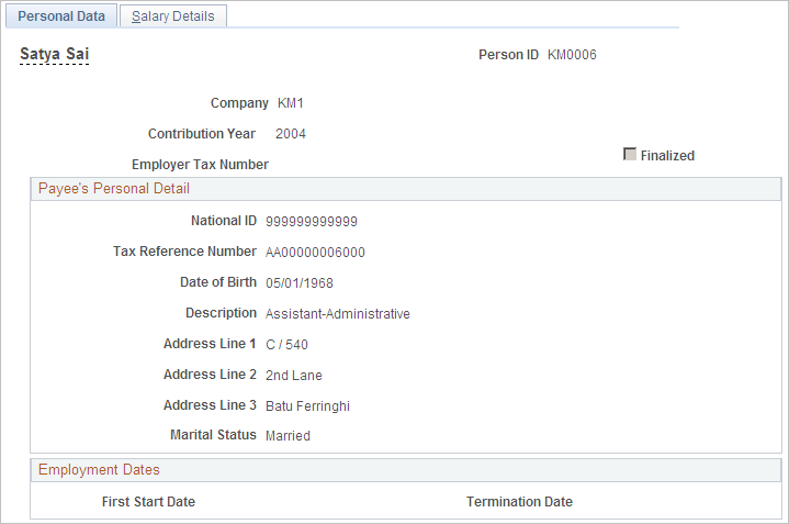 Personal Data page