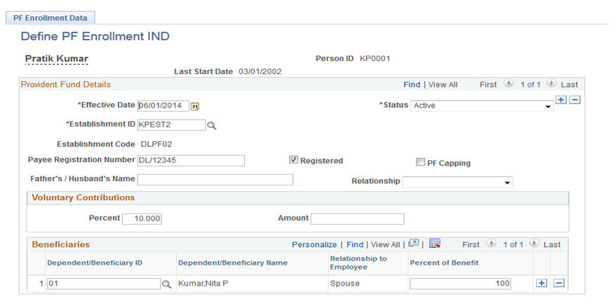 Define PF Enrollment IND page