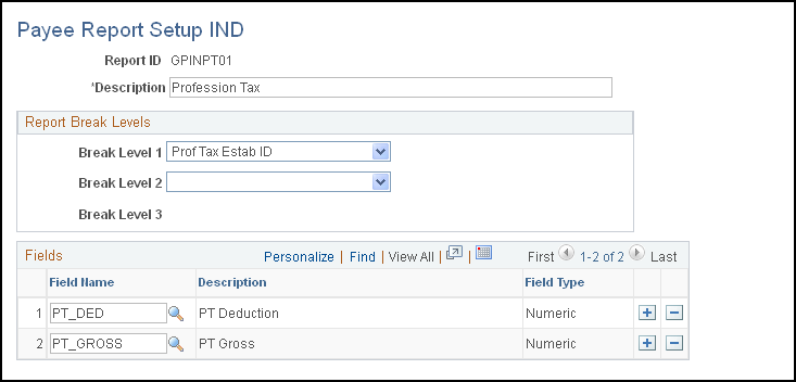 Payee Report Setup IND page