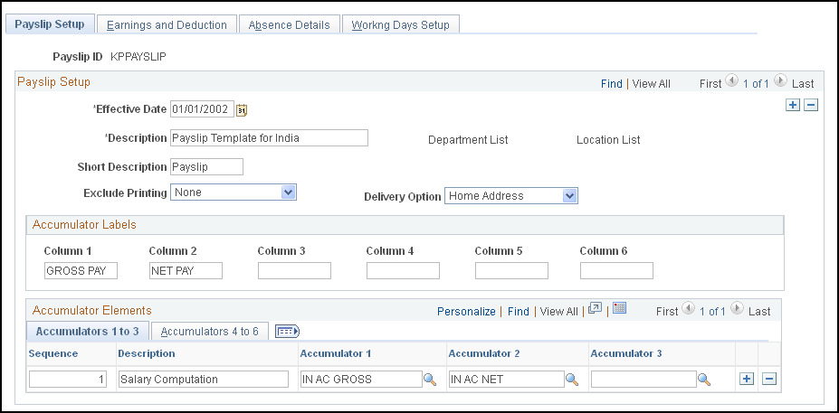 Payslip Setup page